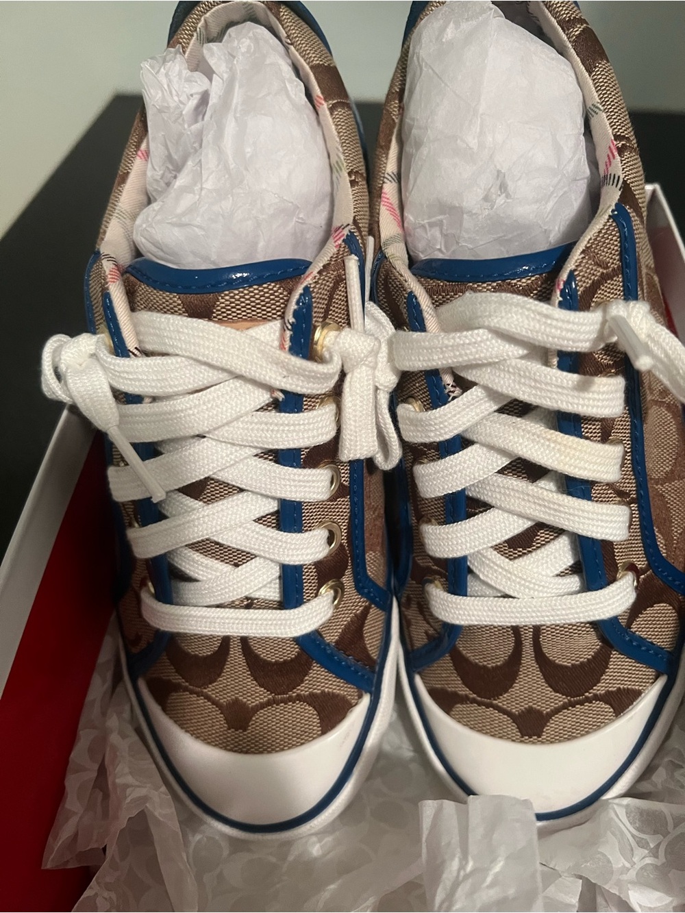 Coach Barrett Plaid Sneakers in Brown and Blue